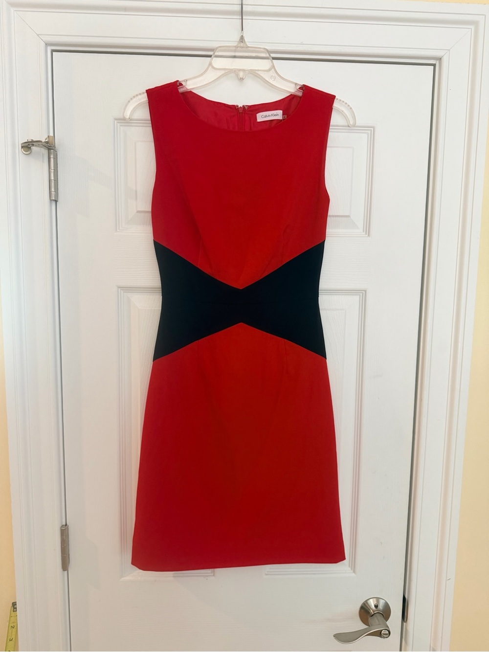 Ladies Size 4 "Calvin Klein" Red Sleeveless Sheath Dress with Black Waist Panel